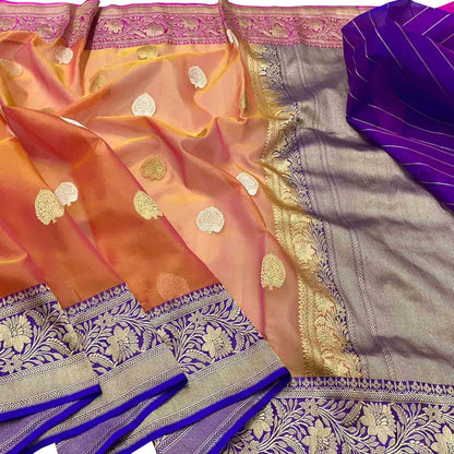 Vibrant Pink & Orange Banarasi Kora Silk Saree - Luxurion World