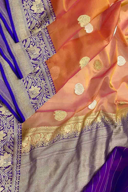Vibrant Pink & Orange Banarasi Kora Silk Saree - Luxurion World