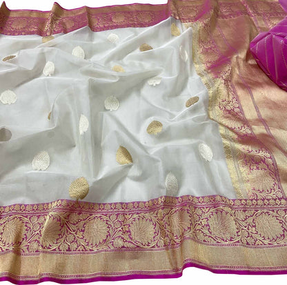 Elegant Off White Banarasi Silk Saree - Luxurion World