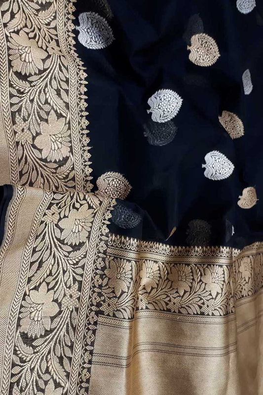 Elegant Black Banarasi Handloom Silk Saree - Luxurion World