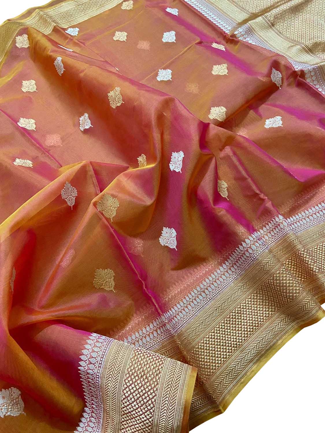Vibrant Pink & Orange Banarasi Kora Silk Saree - Luxurion World