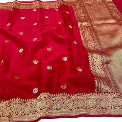 Exquisite Red Handloom Banarasi Pure Kora Silk Saree - Luxurion World