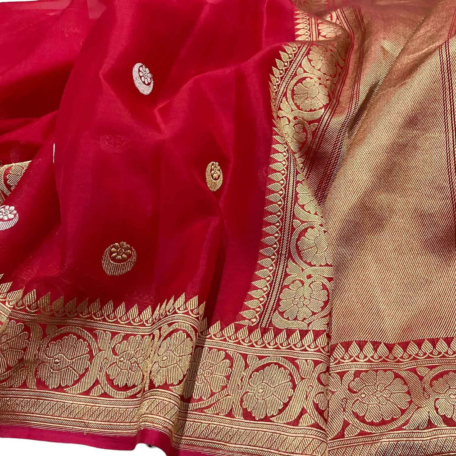 Exquisite Red Handloom Banarasi Pure Kora Silk Saree - Luxurion World