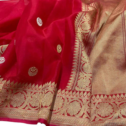Exquisite Red Handloom Banarasi Pure Kora Silk Saree - Luxurion World