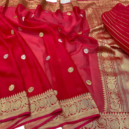 Exquisite Red Handloom Banarasi Pure Kora Silk Saree - Luxurion World