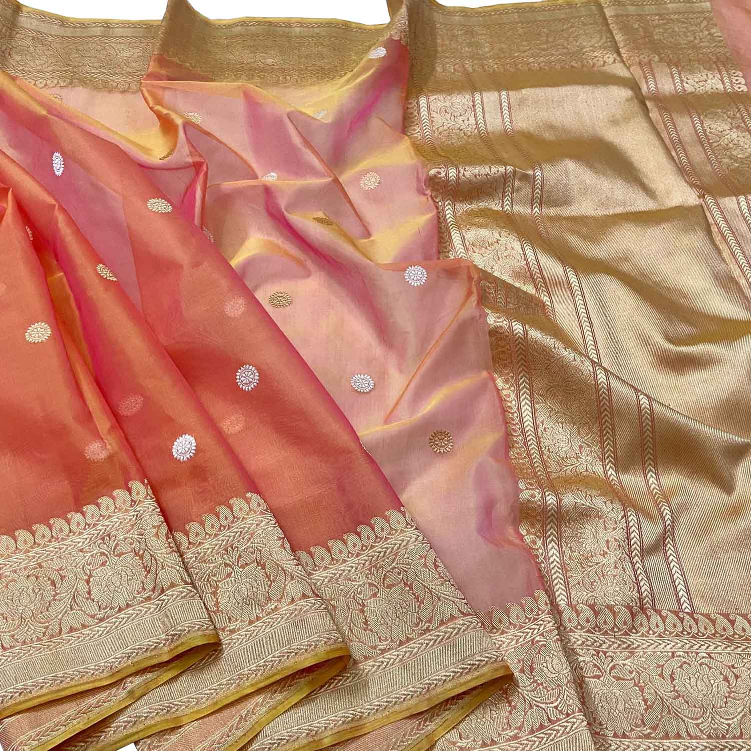 Vibrant Pink & Orange Banarasi Silk Saree - Luxurion World