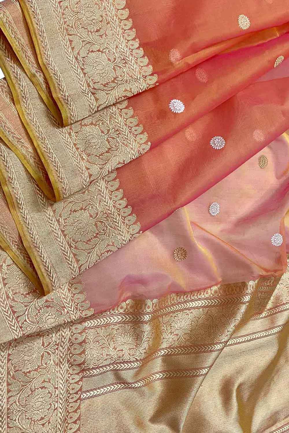 Vibrant Pink & Orange Banarasi Silk Saree - Luxurion World