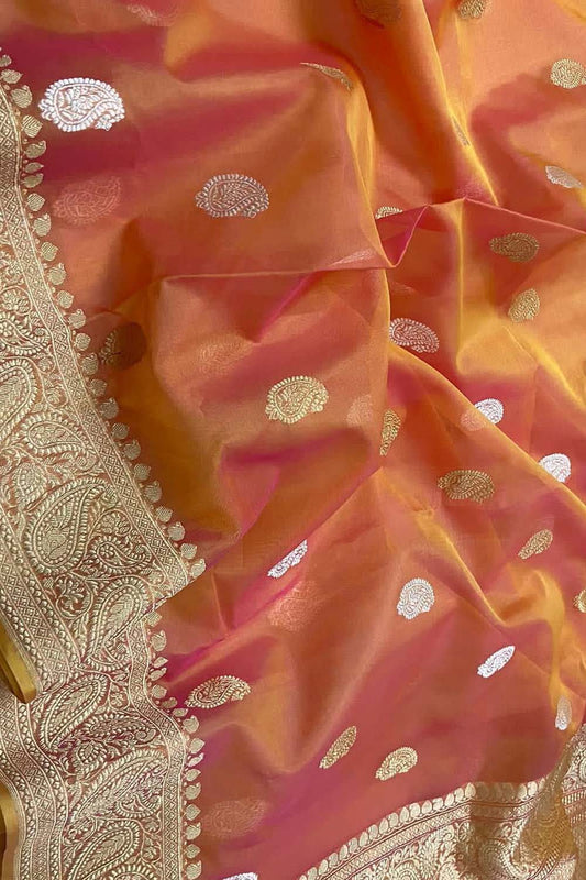Vibrant Pink & Orange Banarasi Kora Silk Saree - Luxurion World