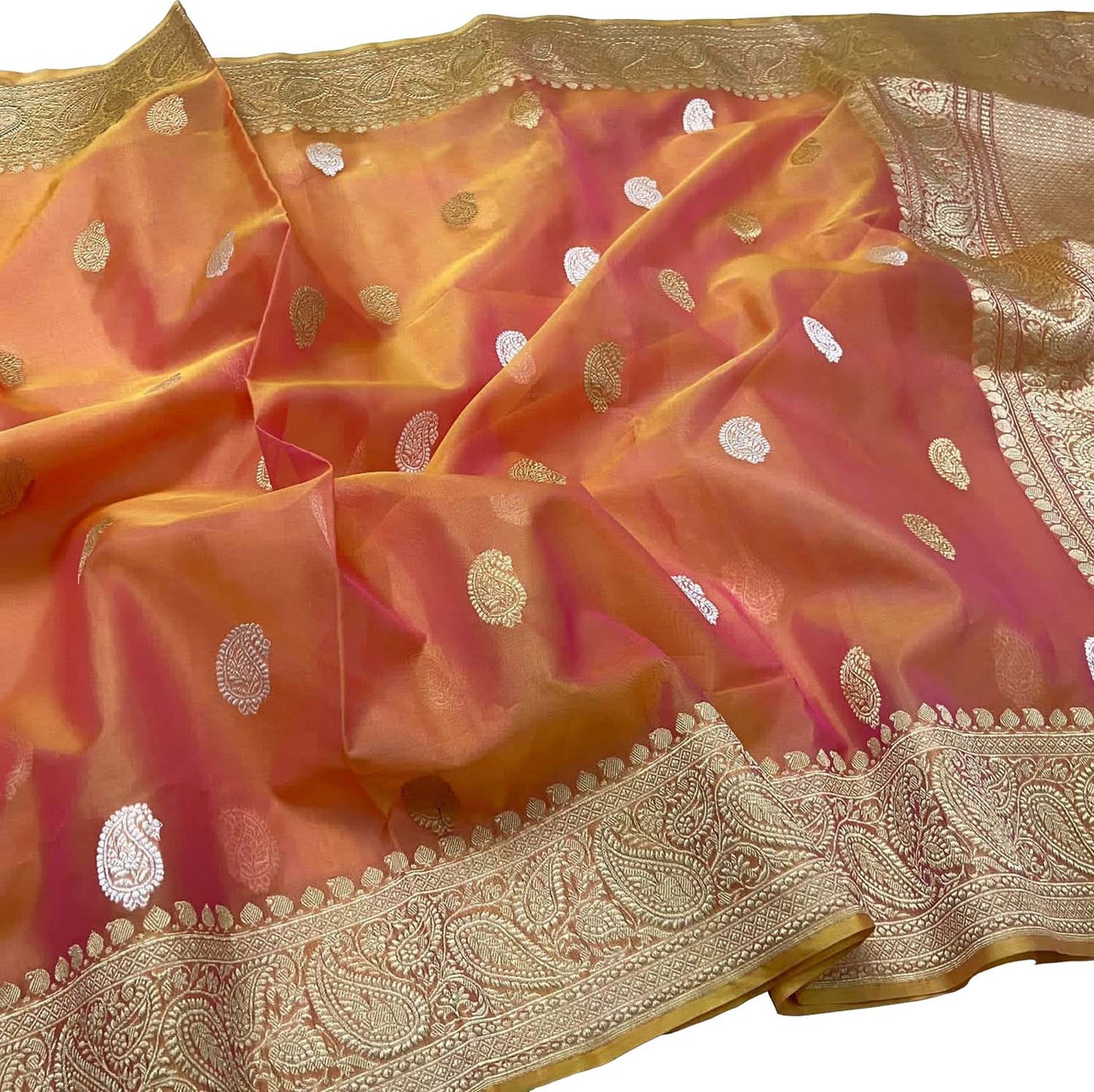 Vibrant Pink & Orange Banarasi Kora Silk Saree - Luxurion World