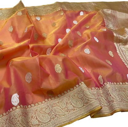 Vibrant Pink & Orange Banarasi Kora Silk Saree - Luxurion World