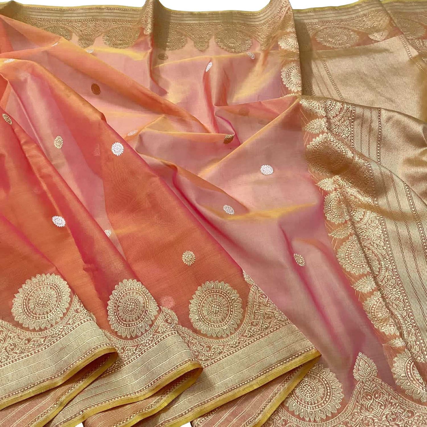 Vibrant Pink & Orange Banarasi Kora Silk Saree - Luxurion World