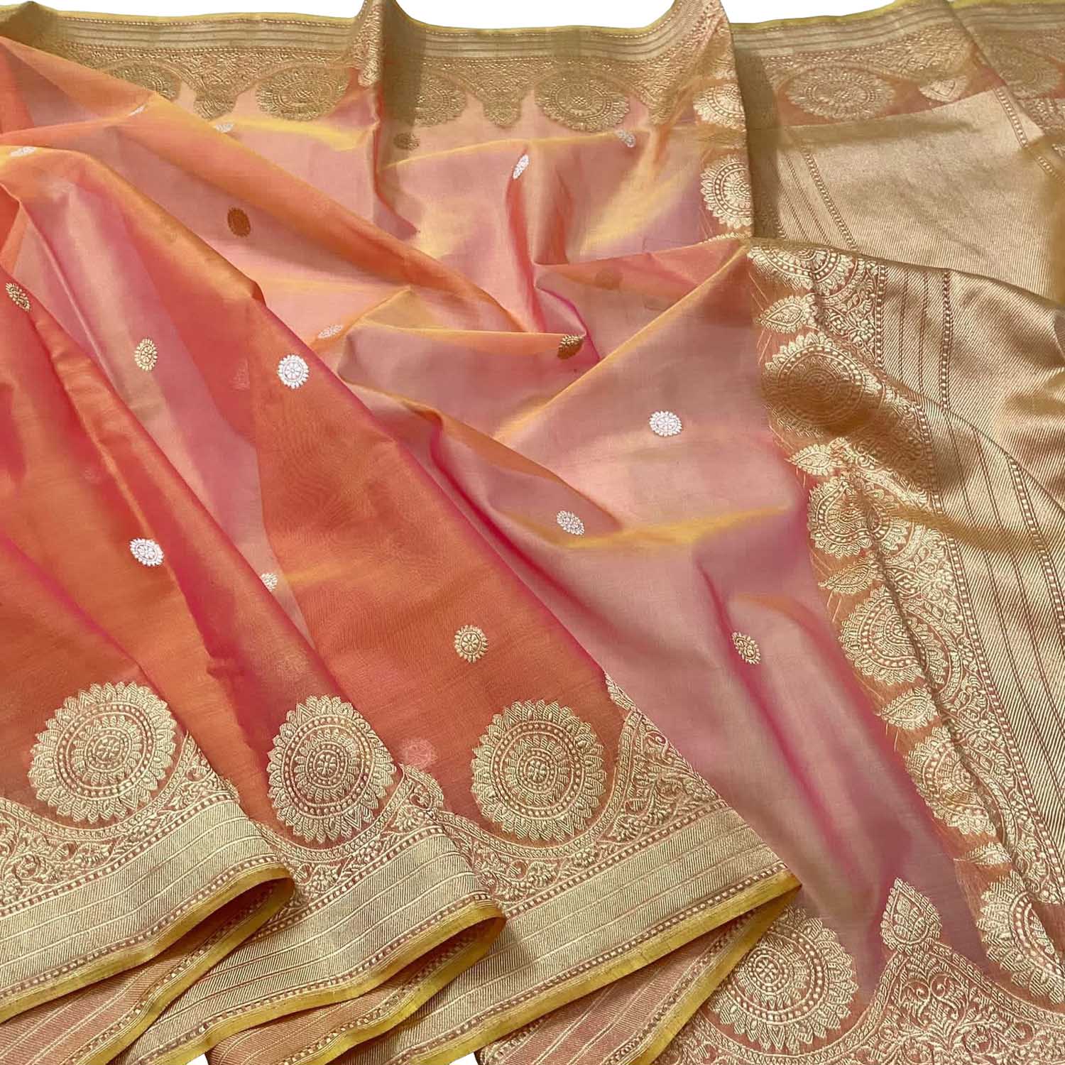 Vibrant Pink & Orange Banarasi Kora Silk Saree - Luxurion World
