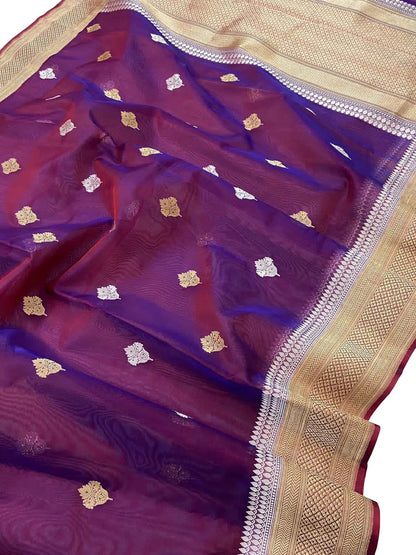 Elegant Purple Banarasi Kora Silk Saree - Luxurion World
