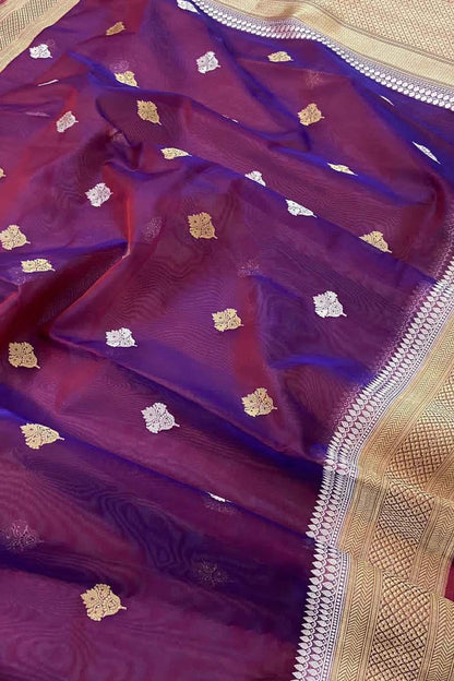 Elegant Purple Banarasi Kora Silk Saree - Luxurion World
