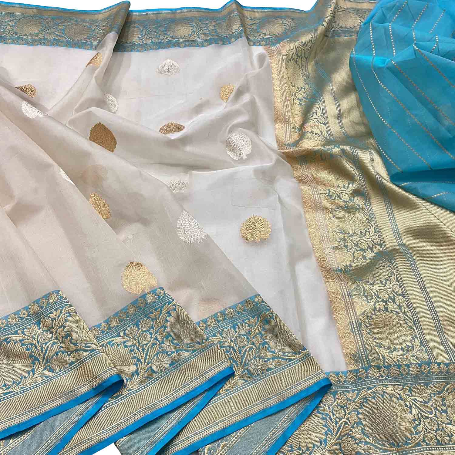 Elegant Off White Banarasi Kora Silk Saree - Luxurion World