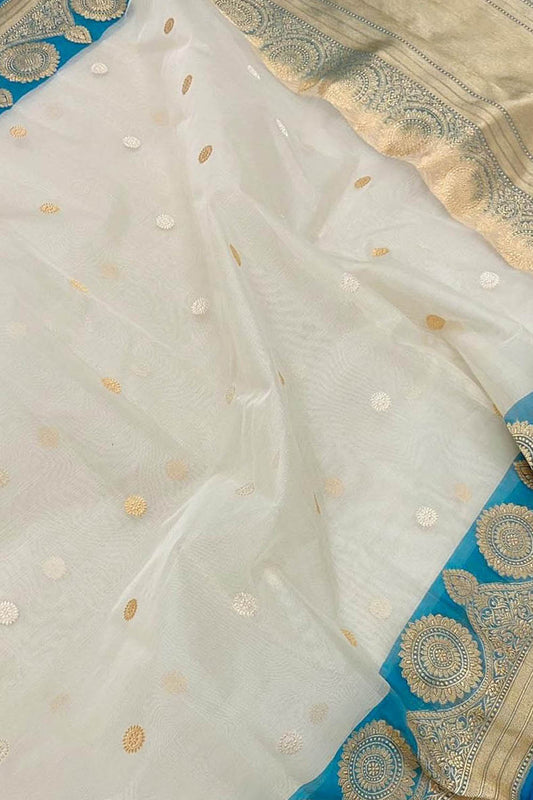 Elegant Off White Banarasi Kora Silk Saree - Luxurion World