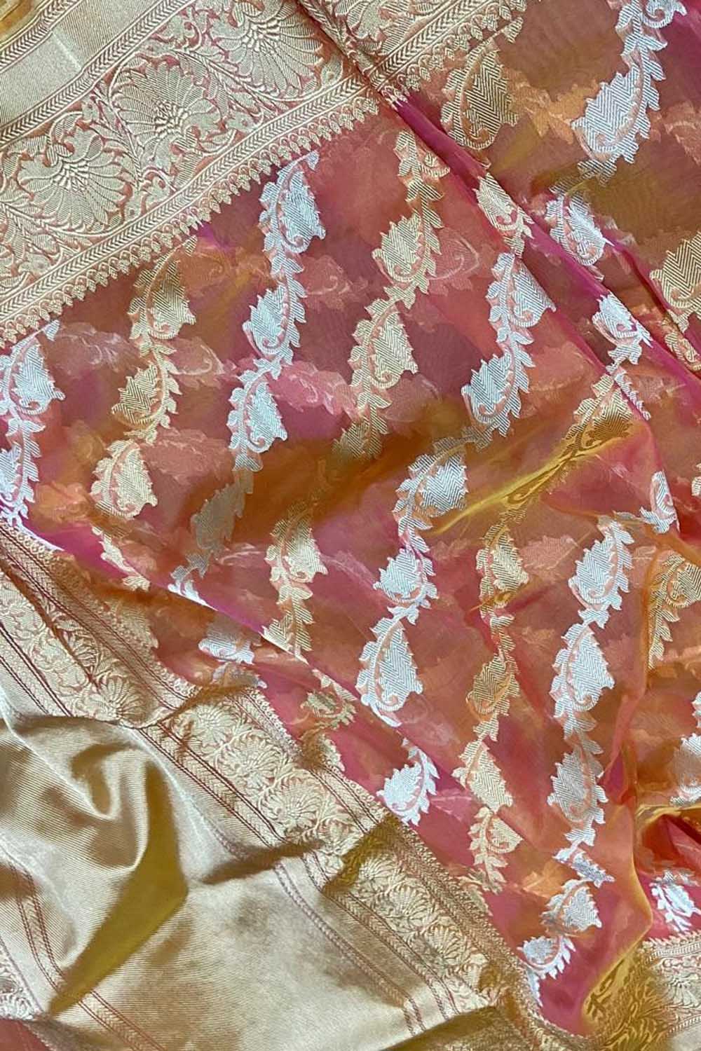 Pink And Orange Handloom Banarasi Pure Kora Organza Jaal Saree - Luxurion World