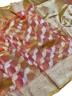 Pink And Orange Handloom Banarasi Pure Kora Organza Jaal Saree - Luxurion World