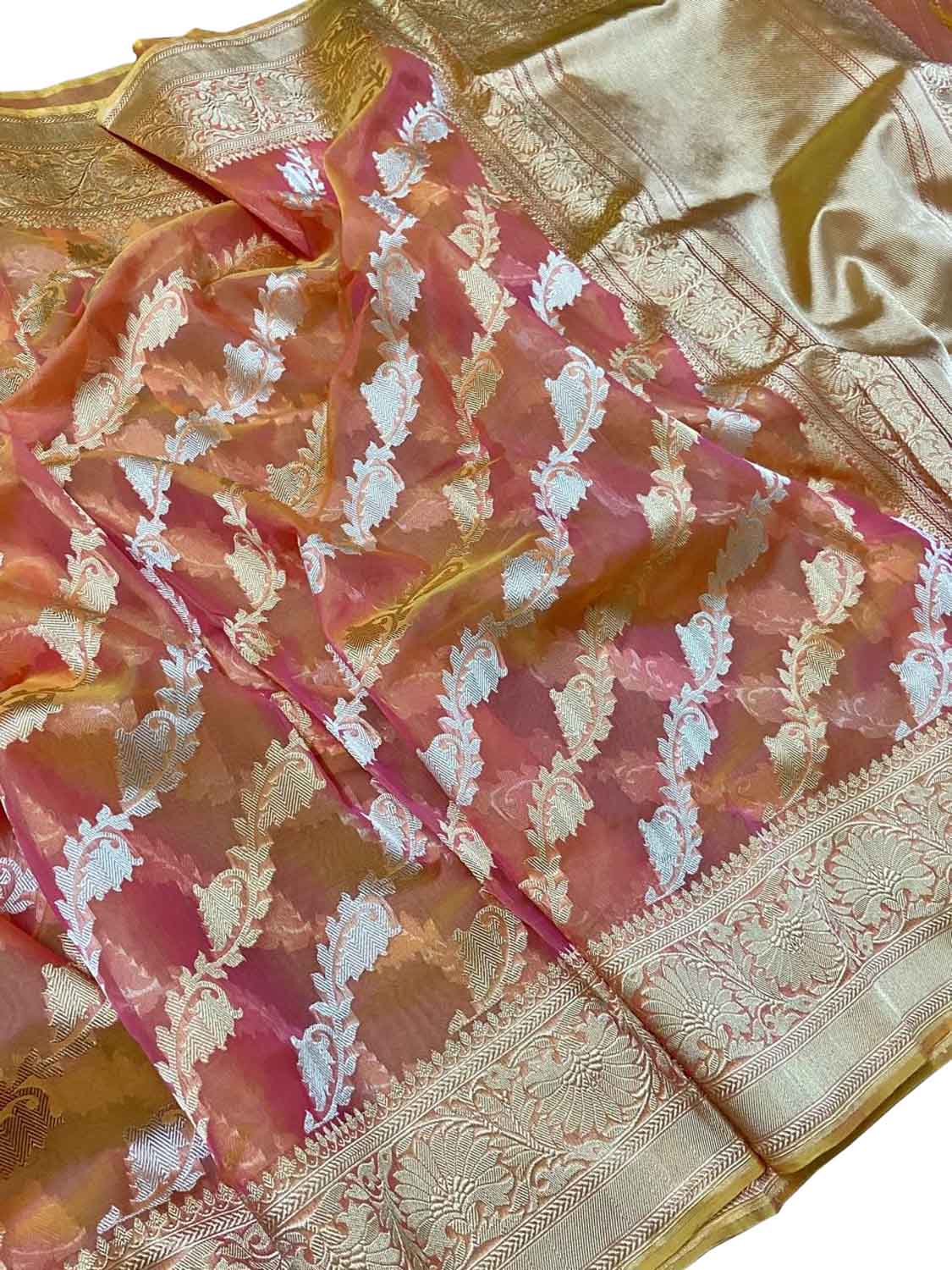 Pink And Orange Handloom Banarasi Pure Kora Organza Jaal Saree - Luxurion World