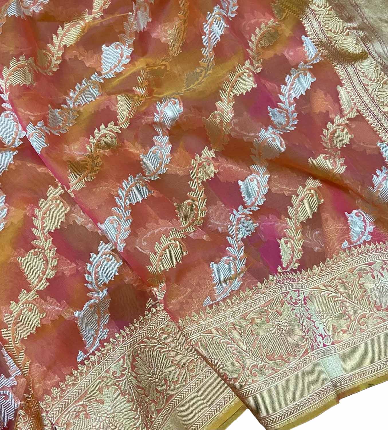 Pink And Orange Handloom Banarasi Pure Kora Organza Jaal Saree - Luxurion World