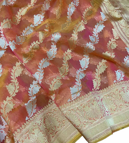 Pink And Orange Handloom Banarasi Pure Kora Organza Jaal Saree - Luxurion World