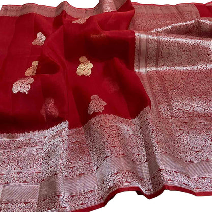 Red Handloom Banarasi Pure Kora Organza Jaal Silver Zari Saree - Luxurion World