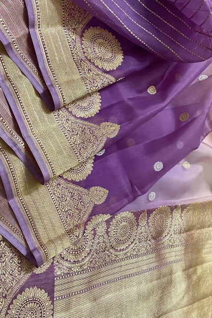 Stunning Purple And Pink Handloom Banarasi Pure Kora Organza Shaded Saree - Luxurion World