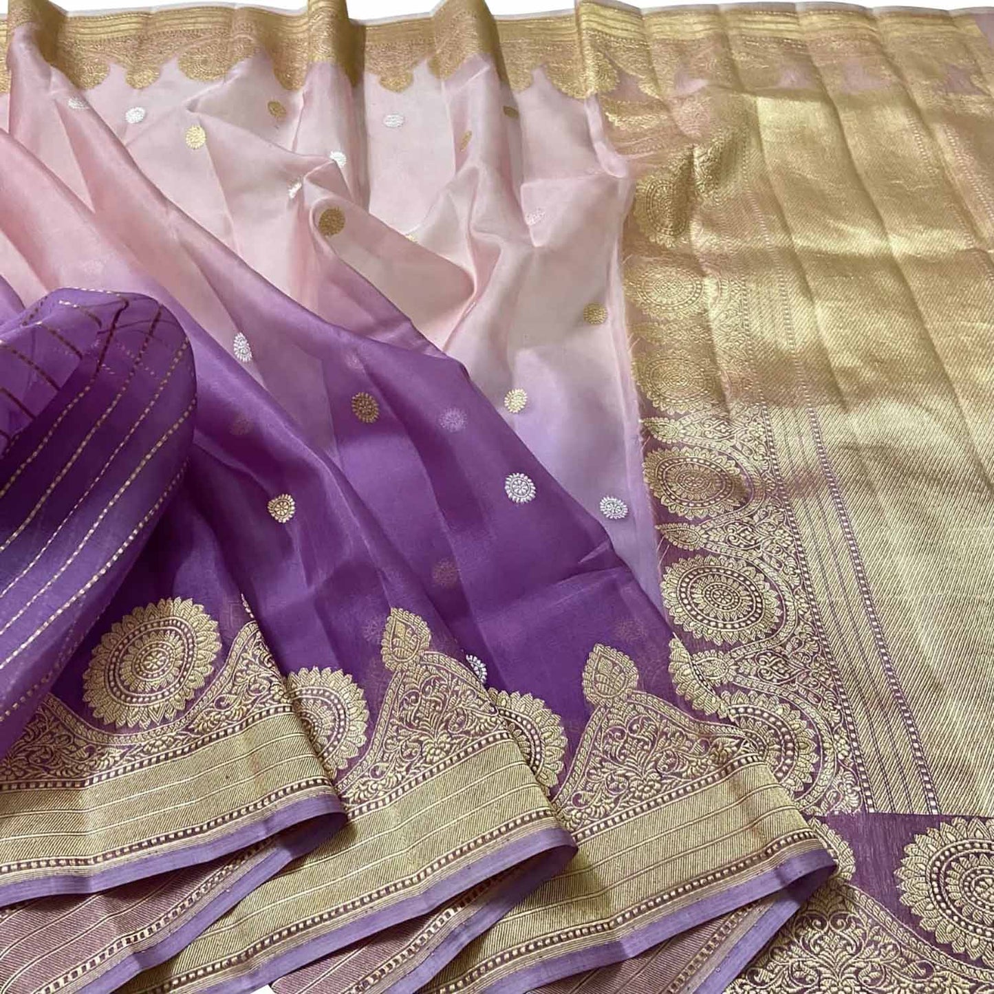 Stunning Purple And Pink Handloom Banarasi Pure Kora Organza Shaded Saree - Luxurion World