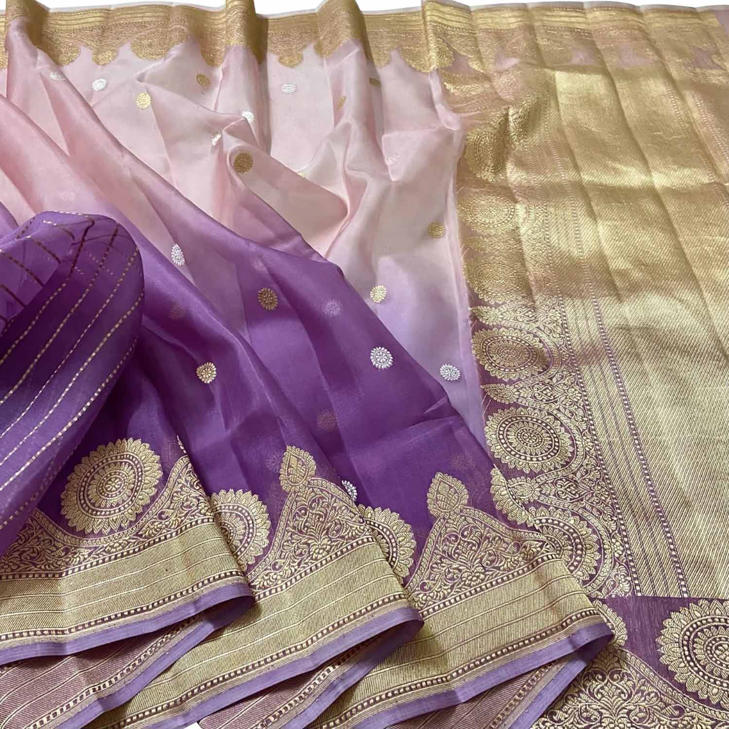 Stunning Purple And Pink Handloom Banarasi Pure Kora Organza Shaded Saree - Luxurion World