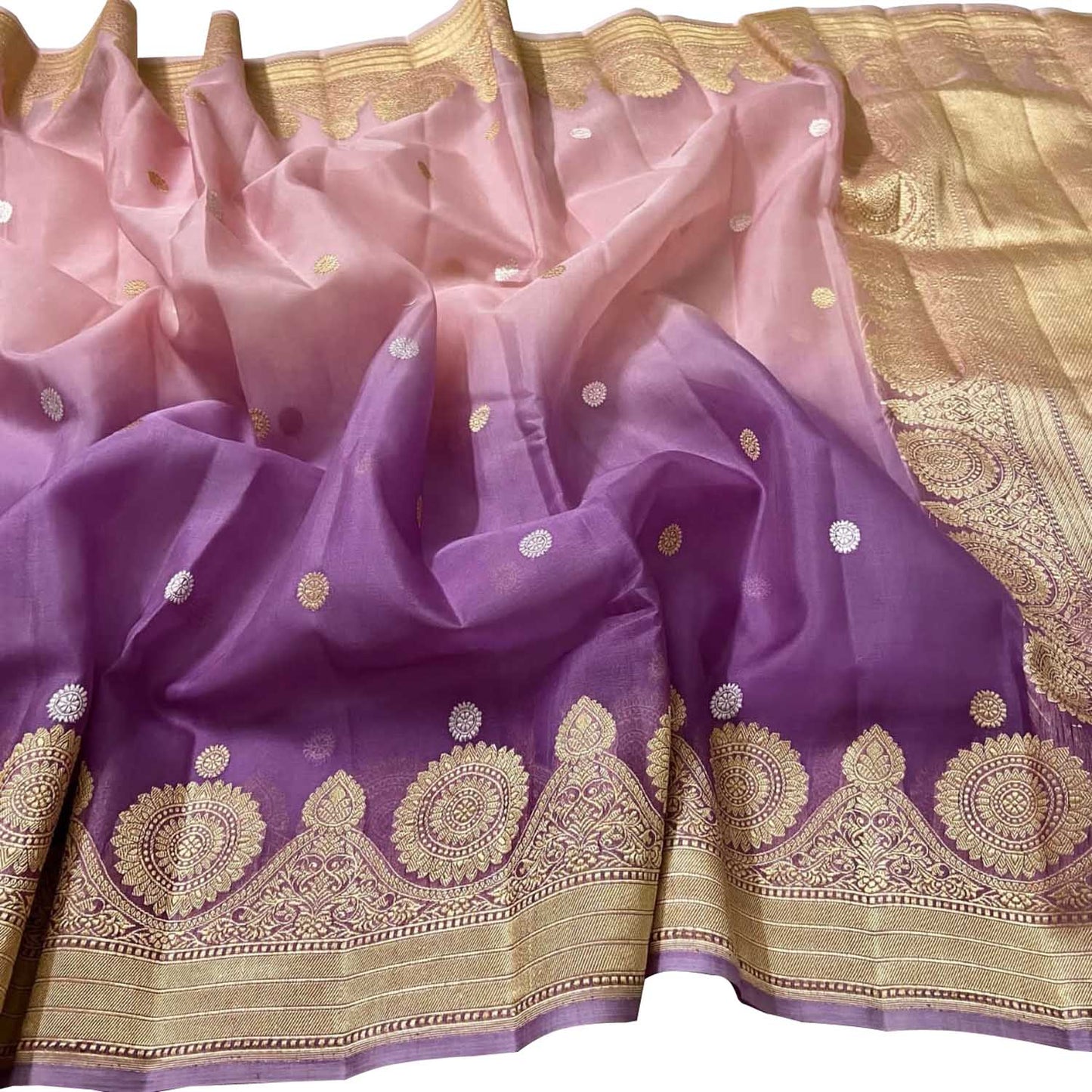 Stunning Purple And Pink Handloom Banarasi Pure Kora Organza Shaded Saree - Luxurion World