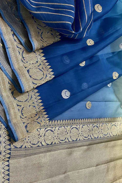 Blue Handloom Banarasi Pure Kora Organza Shaded Saree - Luxurion World