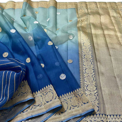 Blue Handloom Banarasi Pure Kora Organza Shaded Saree - Luxurion World