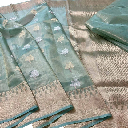 Blue Handloom Banarasi Pure Kora Organza Sona Roopa Flower Design Saree - Luxurion World