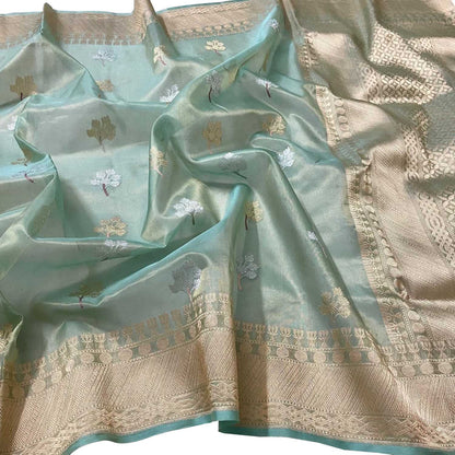 Blue Handloom Banarasi Pure Kora Organza Sona Roopa Flower Design Saree - Luxurion World