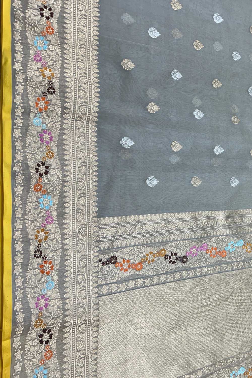 Grey Handloom Banarasi Pure Kora Organza Flower Design Saree - Luxurion World