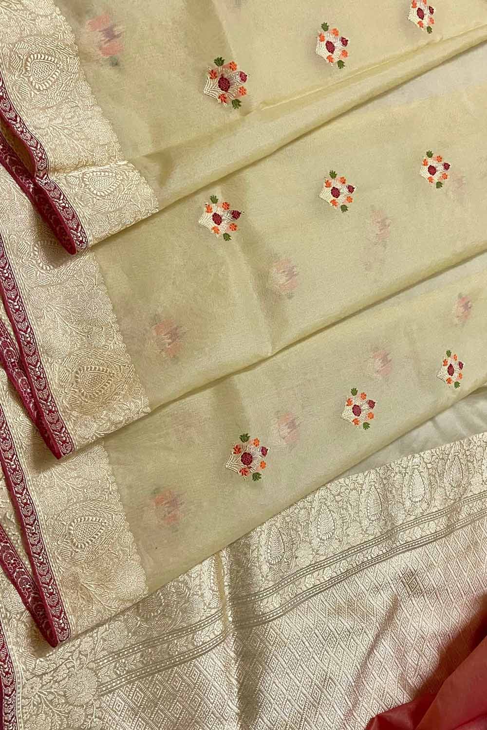 Pastel Handloom Banarasi Pure Kora Organza Flower Design Meenakari Saree - Luxurion World