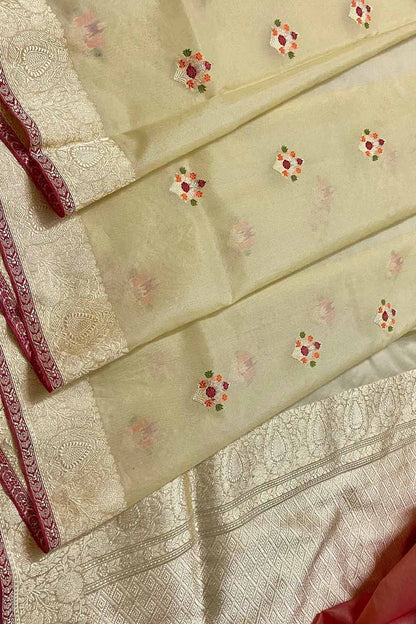 Pastel Handloom Banarasi Pure Kora Organza Flower Design Meenakari Saree - Luxurion World