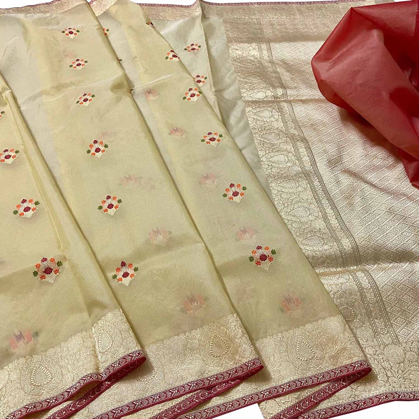 Pastel Handloom Banarasi Pure Kora Organza Flower Design Meenakari Saree - Luxurion World