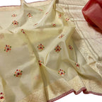 Pastel Handloom Banarasi Pure Kora Organza Flower Design Meenakari Saree - Luxurion World