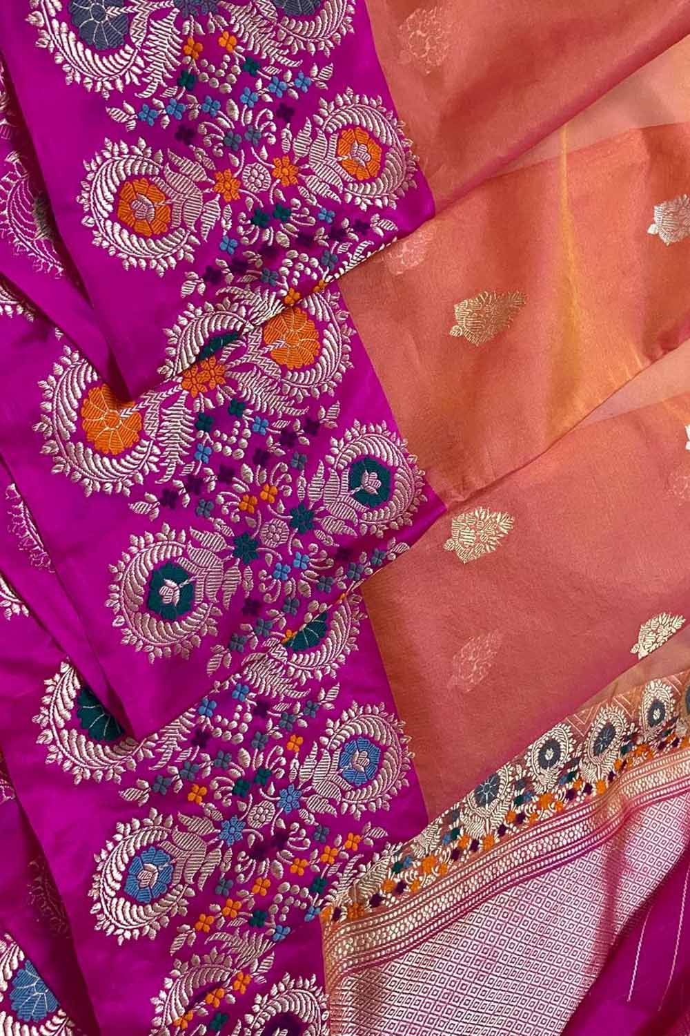 Pink And Orange Shot Handloom Banarasi Pure Kora Organza Flower Design Meenakari Saree - Luxurion World