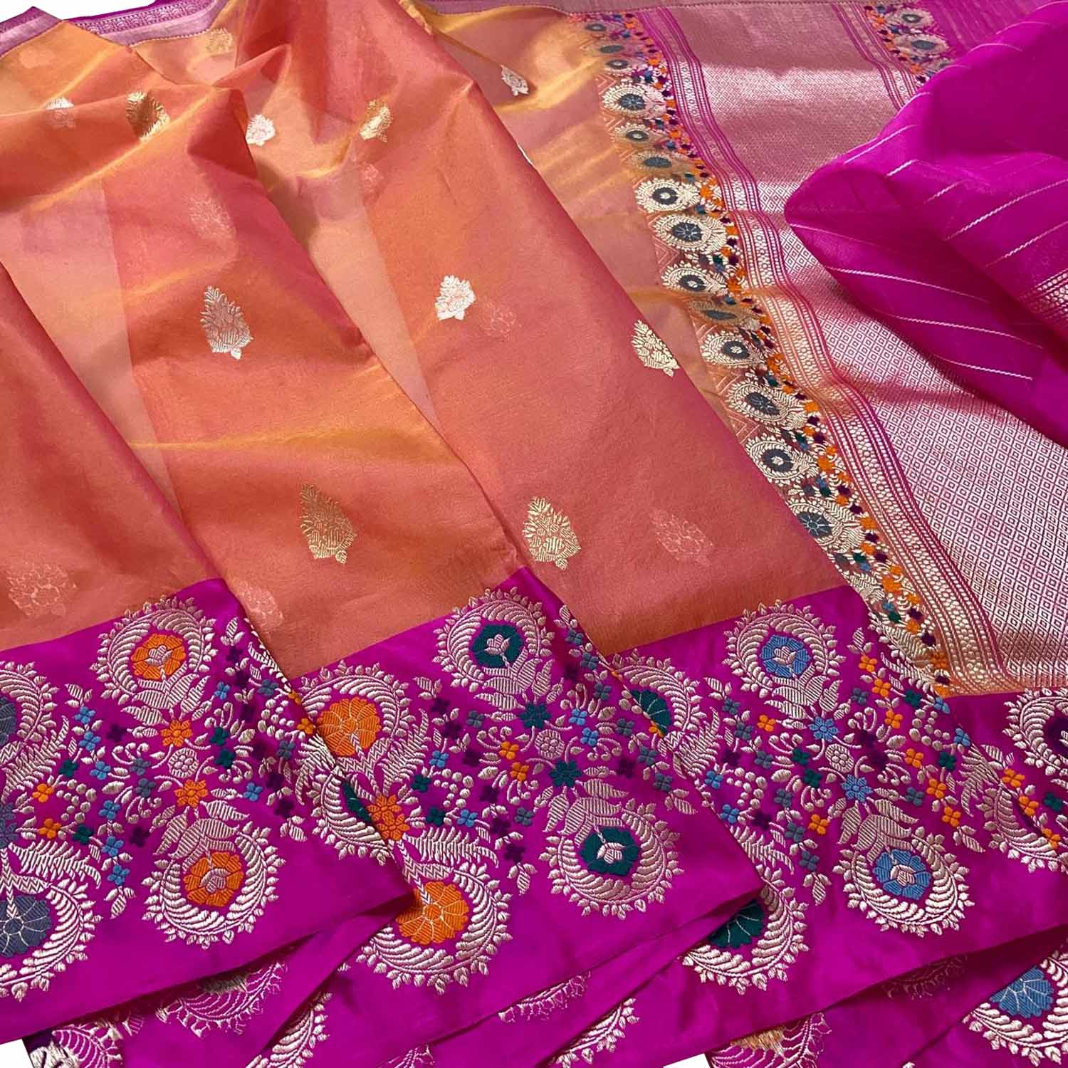 Pink And Orange Shot Handloom Banarasi Pure Kora Organza Flower Design Meenakari Saree - Luxurion World