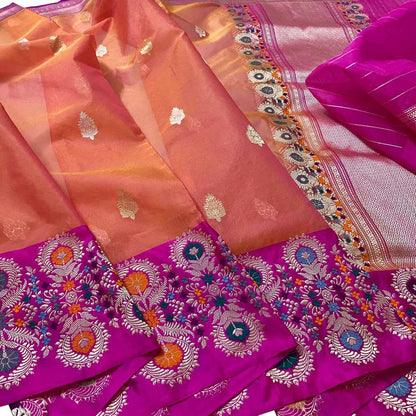 Pink And Orange Shot Handloom Banarasi Pure Kora Organza Flower Design Meenakari Saree - Luxurion World