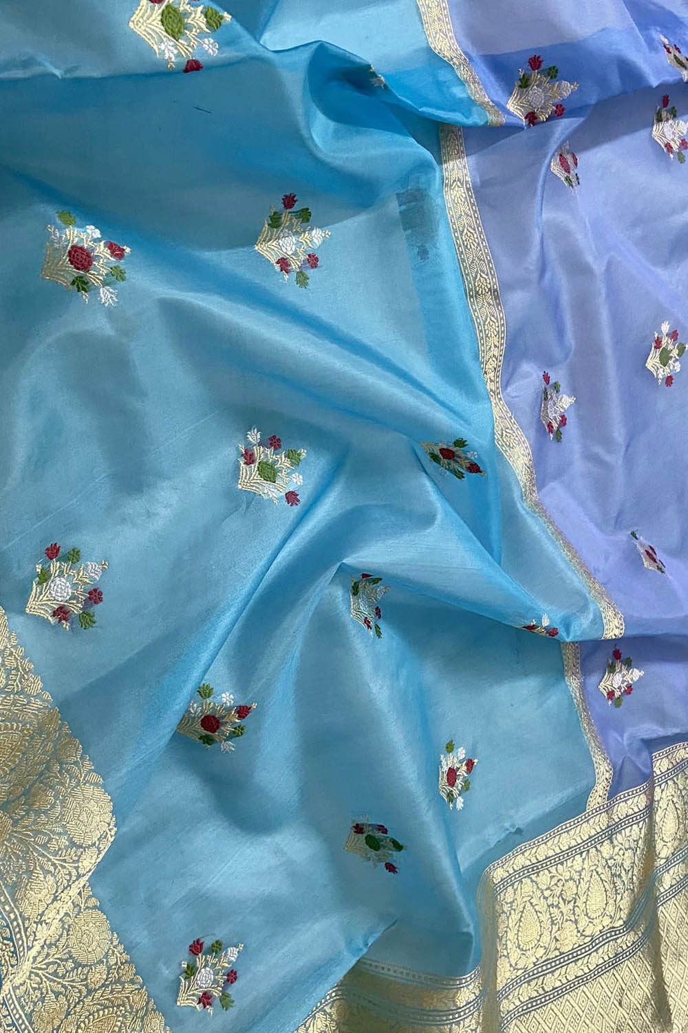 Blue Handloom Banarasi Pure Kora Organza Flower Design Meenakari Saree - Luxurion World