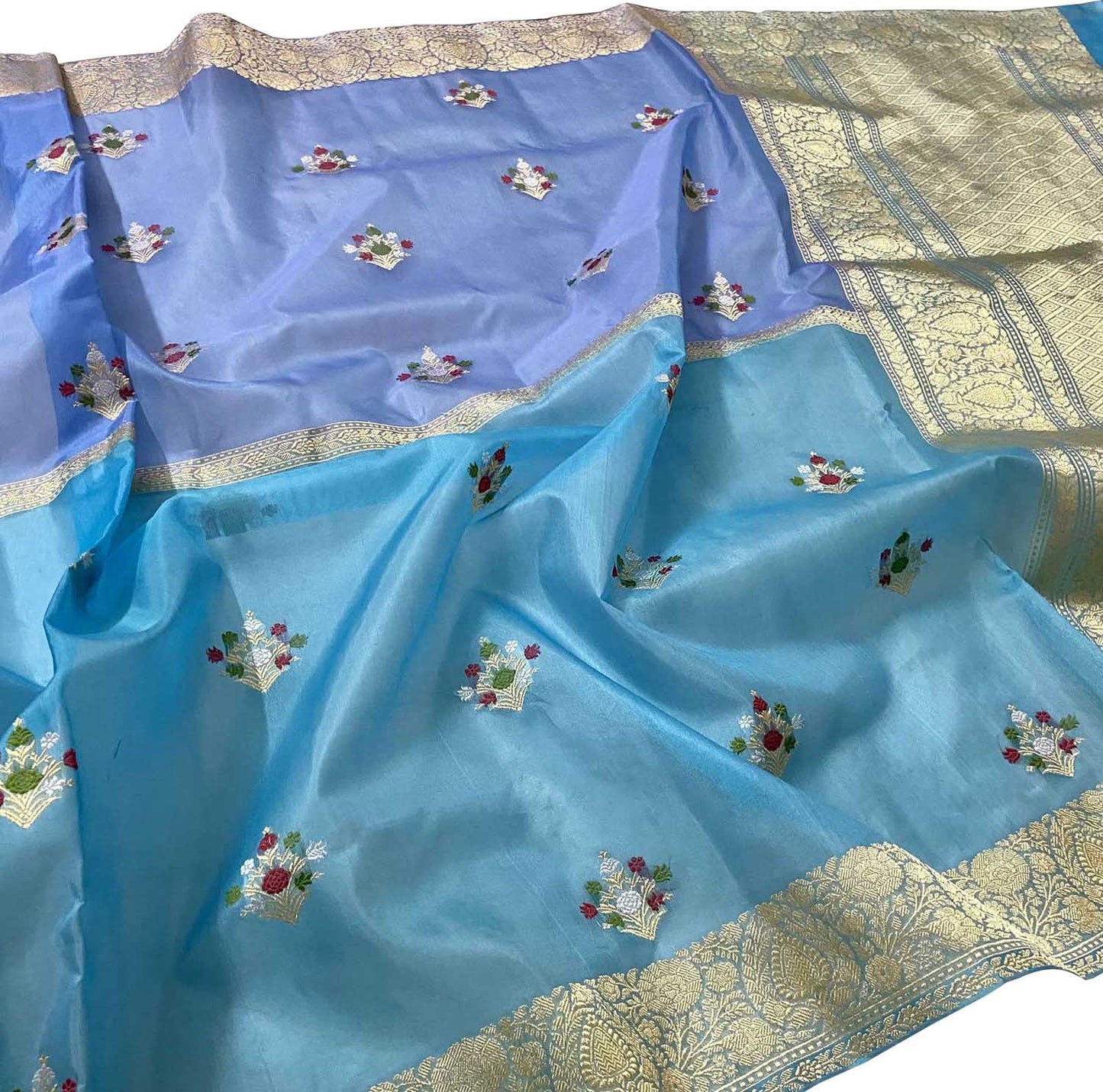 Blue Handloom Banarasi Pure Kora Organza Flower Design Meenakari Saree - Luxurion World