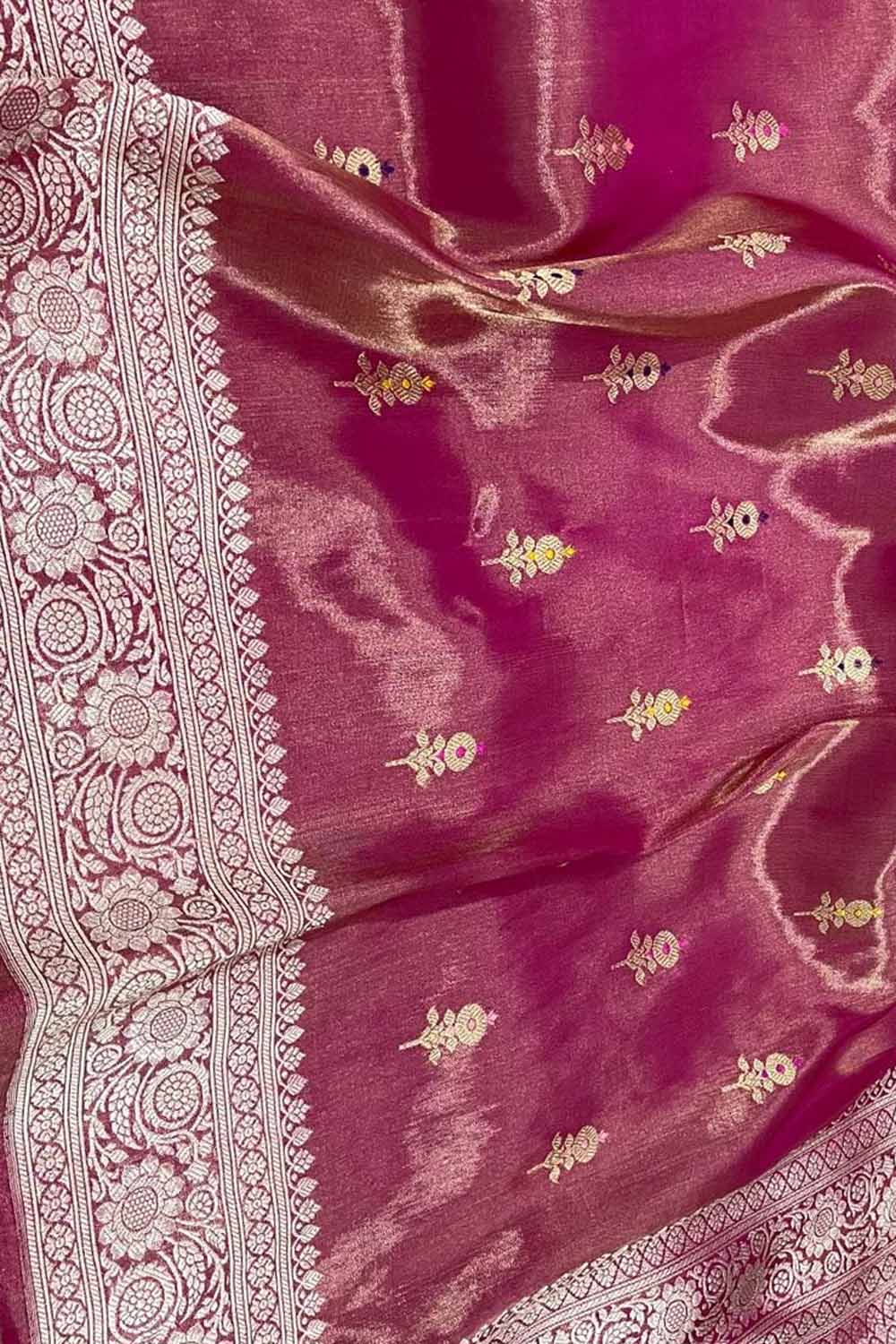 Pink Handloom Banarasi Pure Tissue Flower Design Meenakari Saree - Luxurion World
