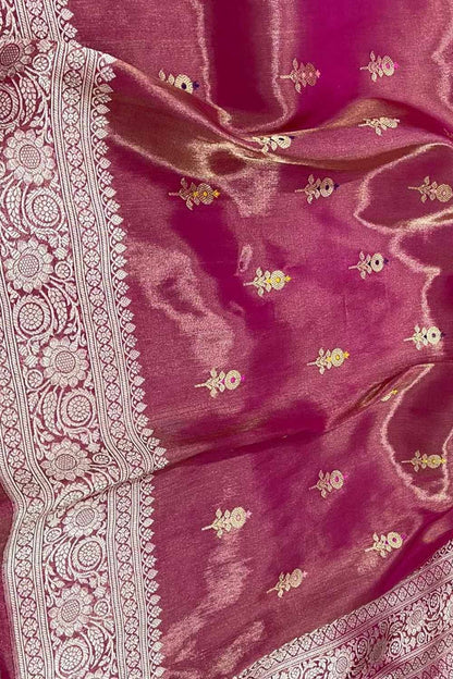Pink Handloom Banarasi Pure Tissue Flower Design Meenakari Saree - Luxurion World