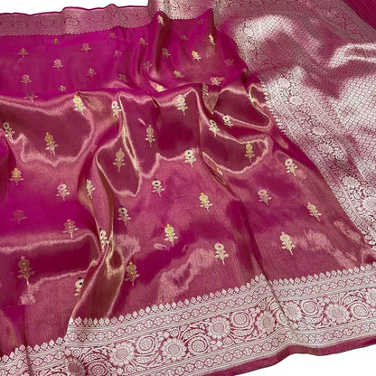 Pink Handloom Banarasi Pure Tissue Flower Design Meenakari Saree - Luxurion World