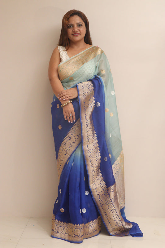 Exquisite Blue Handloom Banarasi Pure Kora Organza Shaded Saree - Luxurion World