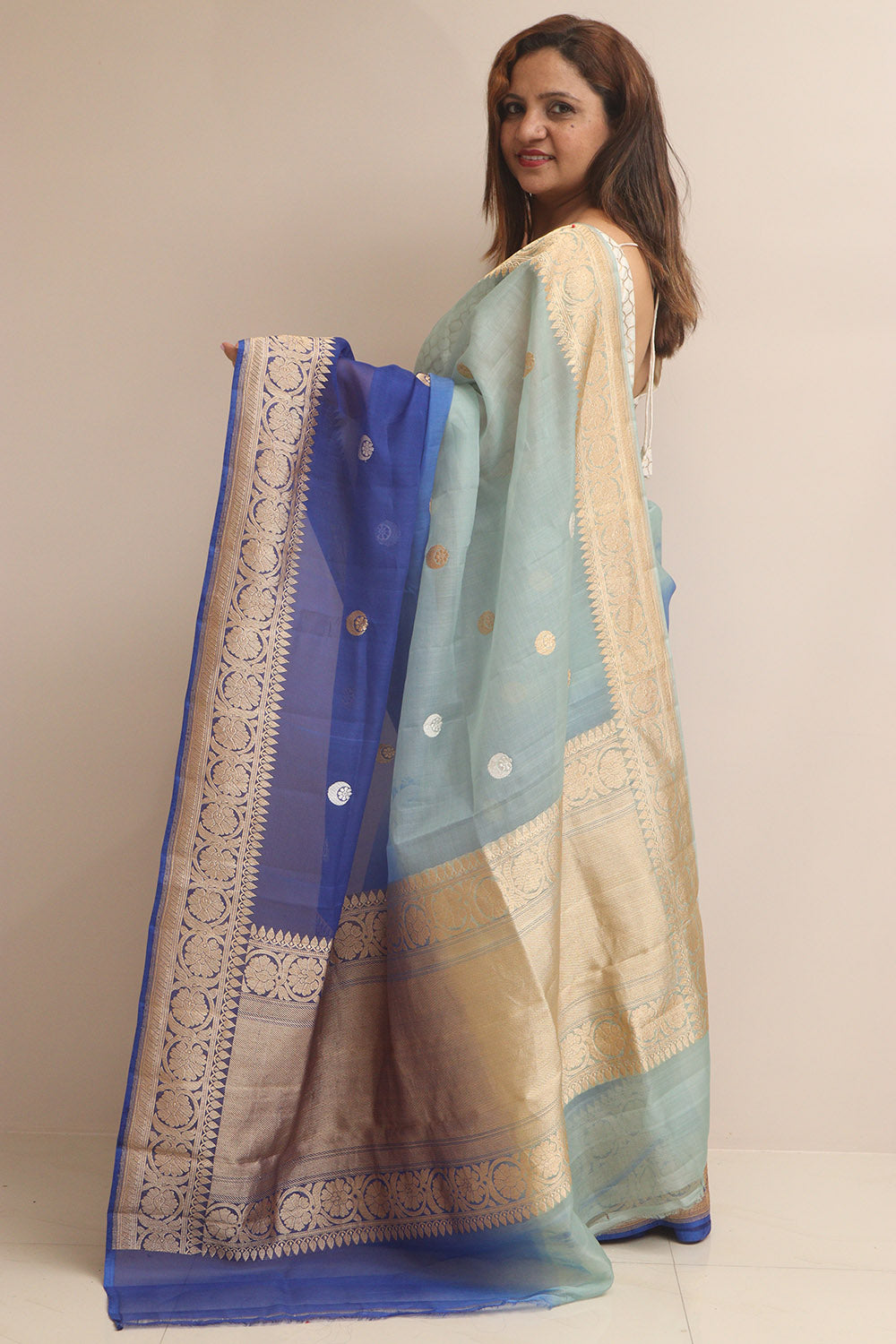 Exquisite Blue Handloom Banarasi Pure Kora Organza Shaded Saree - Luxurion World