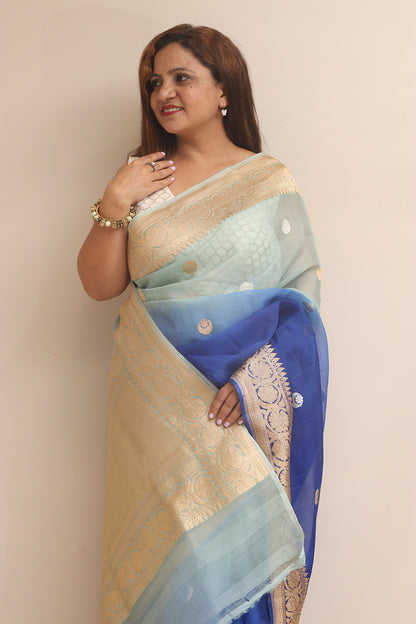 Exquisite Blue Handloom Banarasi Pure Kora Organza Shaded Saree - Luxurion World